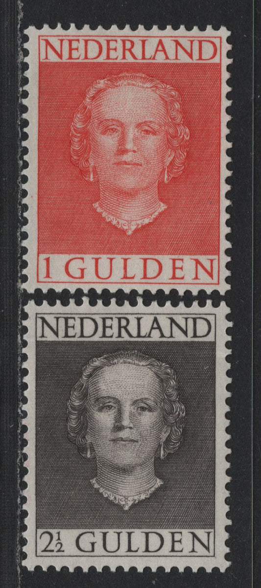 Lot 319 Netherlands SC#319-321 1g - 2.5g Rose Red - Black Brown , 1949 Queen Juliana Issue, 2 F/VFOG Singles, Diagonal Crease On 2.5g