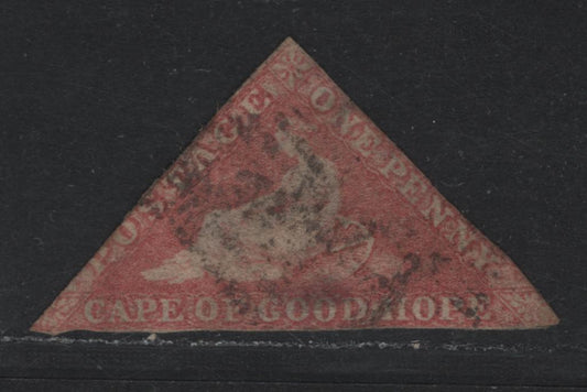 Lot 325 Cape of Good Hope (C) SG#5a 1d Rose , 1855-1863 Reclining Hope Triangular Issue, A Used Spacefiller Single, No Margins To Speak Of Just In To 'P' Of Postage At Left, Two Deep Thins