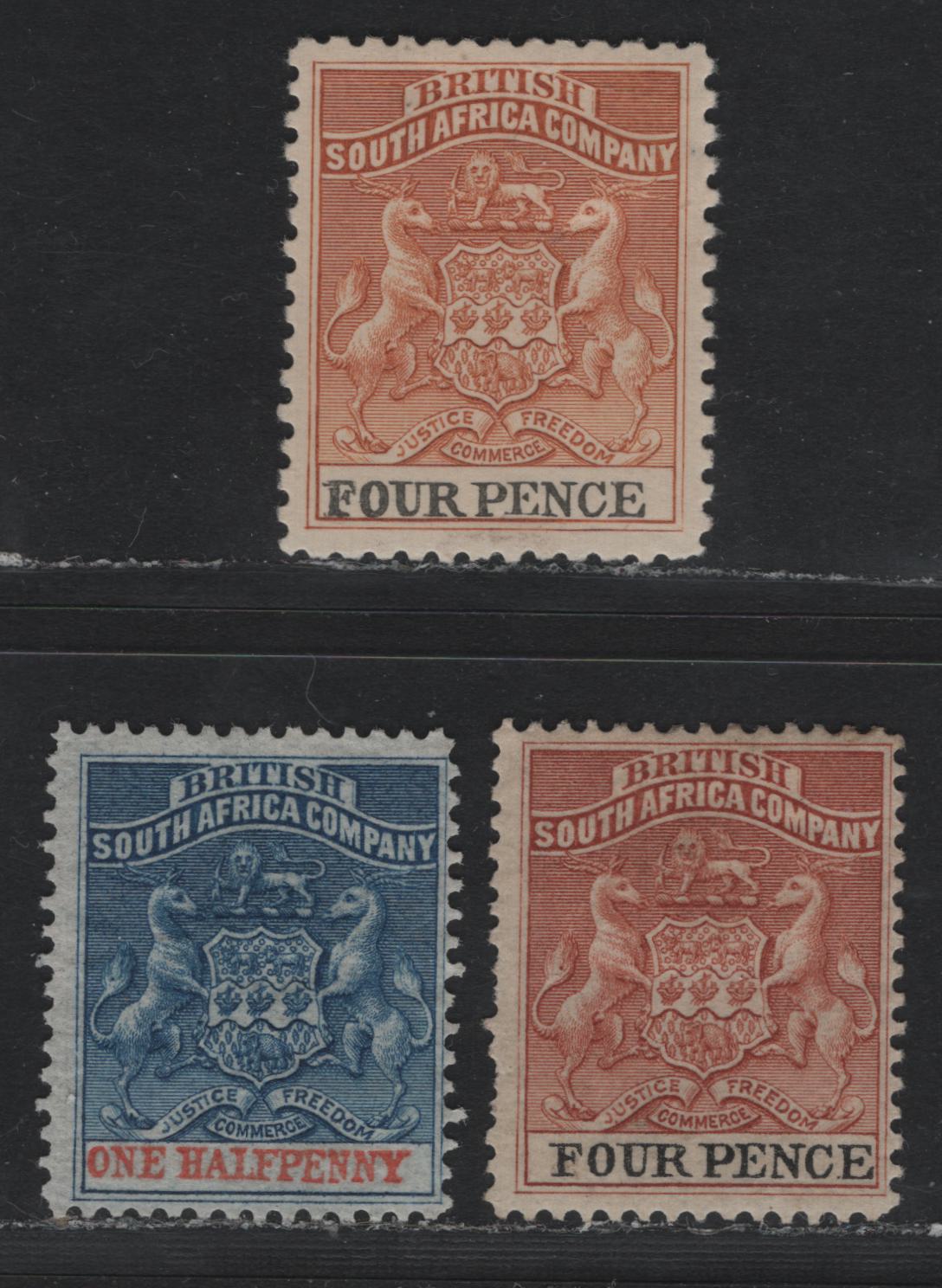 Lot 328 Rhodesia (C) SG#19, 22, 28 1/2d - 4d Deep Blue & Vermillion , 1892-1895 Arms Issue, 3 FOG & Unused Singles, Perfs 14.5, 14x14.5 & 12.5