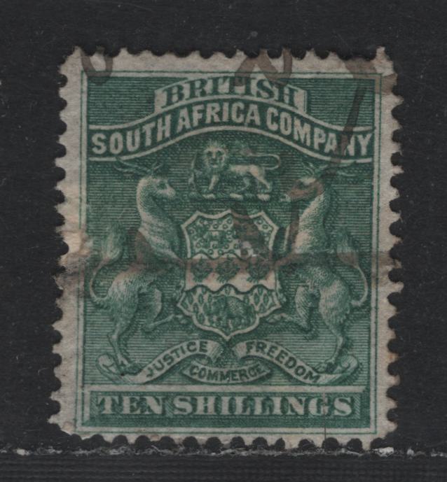 Lot 330 British South Africa Company (C) SG#9 10/- Deep Green , 1892-1895 Arms Issue, A Poor Used Single, Expertly Repaired With Fiscal Cancel, The Repairs Consist of A Patched Missing Piece At Center left & Sealed Scissor Cut