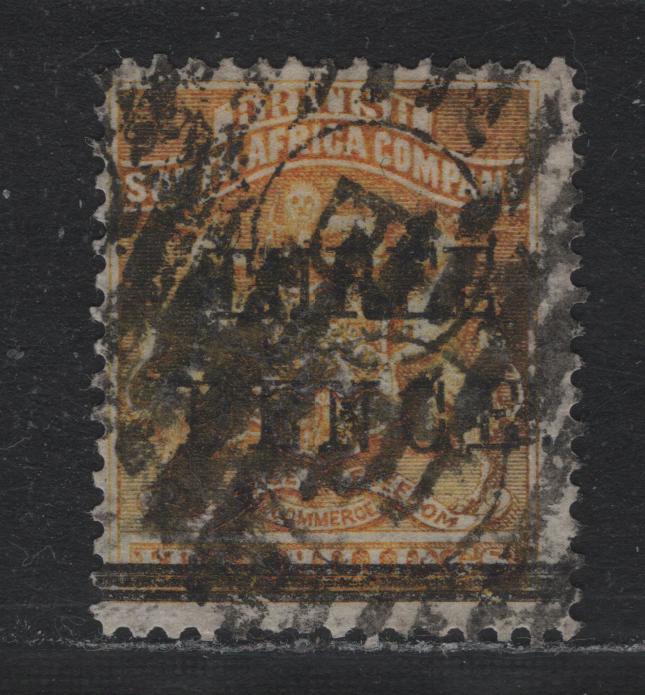 Lot 331 Rhodesia (C) SG#53 3d on 5/- Orange Yellow , 1896 Matabele Rebellion Provisional Issue, A Very Good Used Single, Heavy B Grid Cancel Struck Twice, Otherwise Sound