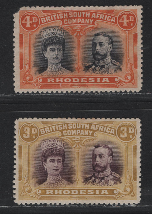 Lot 332 Rhodesia (C) SG#134, 140 3d - 4d Purple & Ochre - Black & Orange , 1910-1913 KGV Double Heads Issue, 2 VFOG Singles, Perf 14, Minor Tone Spot On One Perf of 3d, 4d Has No Gum & Pulled UL Corner, So Not Counted.