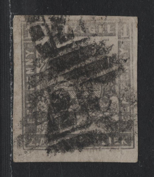 Lot 333 Transvaal SG#21 1d Black , 1870-1871 Arms Issue, A Very Good Used Imperf Single, Two Grid Cancel Strikes, Light Diagonal Crease