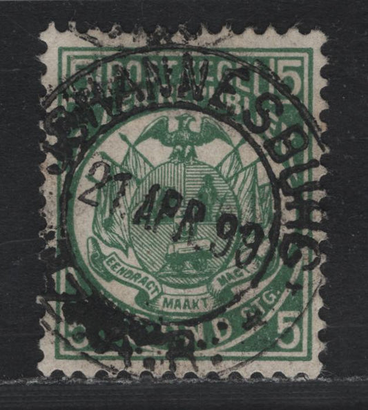 Lot 334 Transvaal SG#187R £5 Deep Green , 1893 Emblem Issue, A Very Fine Used Single, 1911 Reprint From Original Plates, Perf 12.5 Clean Cut With Large Holes, Backdated April 21 1899 Johannesburg Cancel Applied.