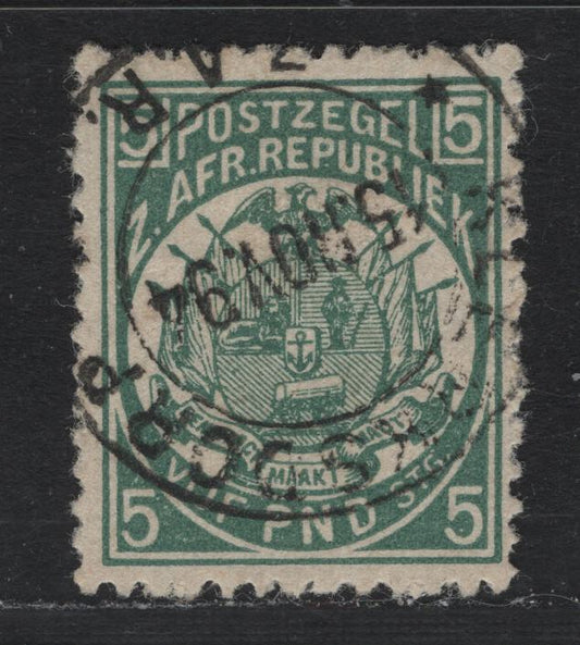 Lot 335 Transvaal SG#187 £5 Deep Green , 1893 Emblem Issue, A Very Fine Used Single, Perf 12.5x12.25, Genuine Postally Used Or Telegraphically Used Example, November 15 1894 Klerksdorp Double Circle CDS Cancel.