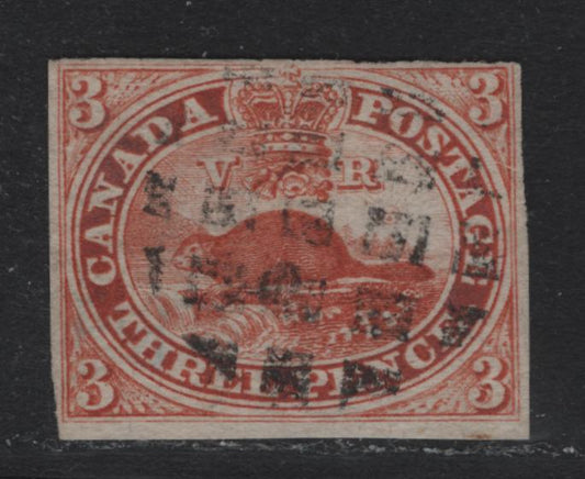 Lot 336 Canada #4c 3d Red , 1852-1857 Pence Issue, A Fine Used Single, Soft Horizontally Ribbed Paper, 3 Clear To Full Margins, Just Barely Touching At Upper Right, Cork Grid Cancel.