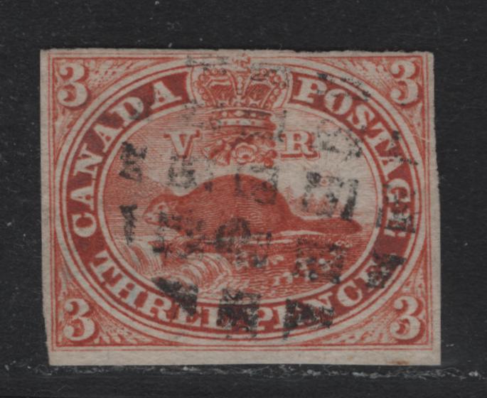 Lot 336 Canada #4c 3d Red , 1852-1857 Pence Issue, A Fine Used Single, Soft Horizontally Ribbed Paper, 3 Clear To Full Margins, Just Barely Touching At Upper Right, Cork Grid Cancel.