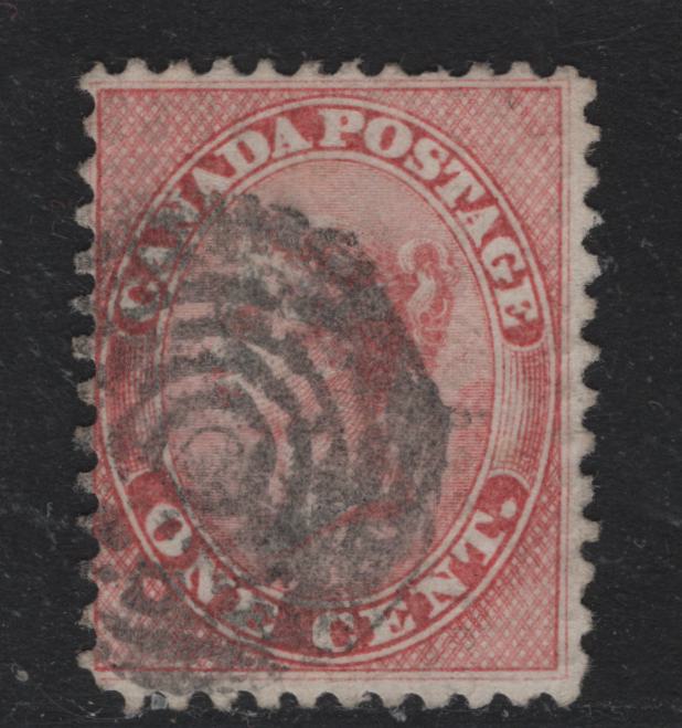 Lot 341 Canada #14ii 1c Rose , 1859-1864 First Cents Issue, A Very Good Used Single, Cents-O Paper, Perf 12x11.75, Heavy 7 Ring Target Cancel.