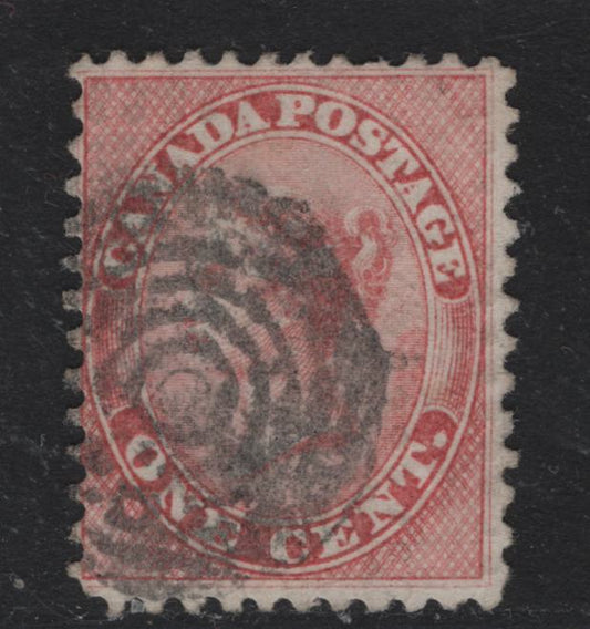 Lot 341 Canada #14ii 1c Rose , 1859-1864 First Cents Issue, A Very Good Used Single, Cents-O Paper, Perf 12x11.75, Heavy 7 Ring Target Cancel.