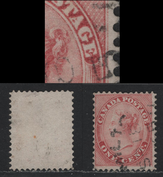 Lot 343 Canada #14 1c Rose , 1859-1864 First Cents Issue, A Fine Used Single, Cents-PP Paper, Showing Unlisted Dash Inside Mouth of 'E' of Postage, September 18 1865 Hamilton CDS Cancel, Two Very Shallow Thins Visible With Backlight.