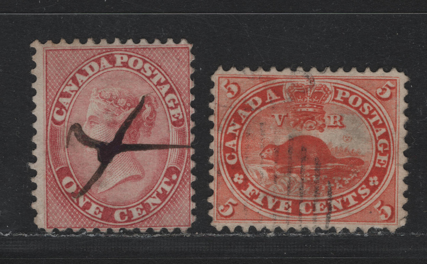 Lot 345 Canada #14, 15ii 1c - 5c Rose - Orange Red , 1859-1864 First Cents Issue, 2 Good/Fine Used Singles, Cents-DD (1c) & Cents-KKK Papers, 5c Has A Very Tiny Tear In Right Margin & Shallow Thin That Is Only Visible In Backlight