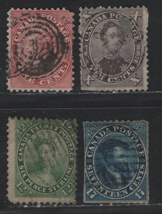 Lot 346 Canada #14, 17a, 18ii, 19 1c - 17c Deep Rose - Blue , 1859-1864 First Cents Issue, 4 Ungraded Used Singles, Perf 11.75x12, Moderate to Severe Faults, Unchecked As to Papers, The 10c Has A Patched Hole.