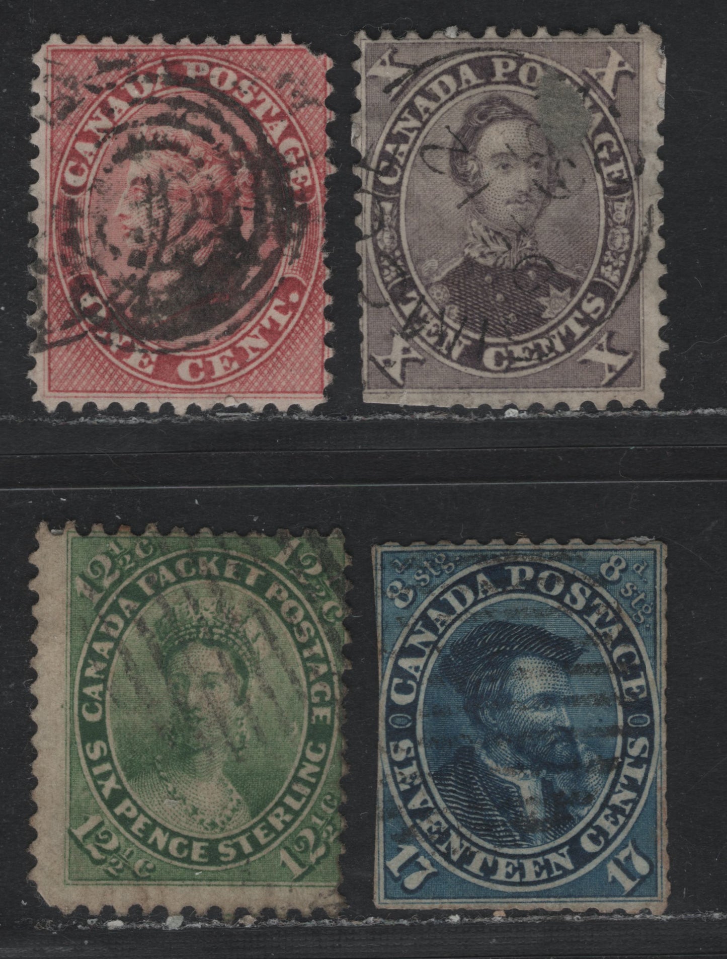 Lot 346 Canada #14, 17a, 18ii, 19 1c - 17c Deep Rose - Blue , 1859-1864 First Cents Issue, 4 Ungraded Used Singles, Perf 11.75x12, Moderate to Severe Faults, Unchecked As to Papers, The 10c Has A Patched Hole.