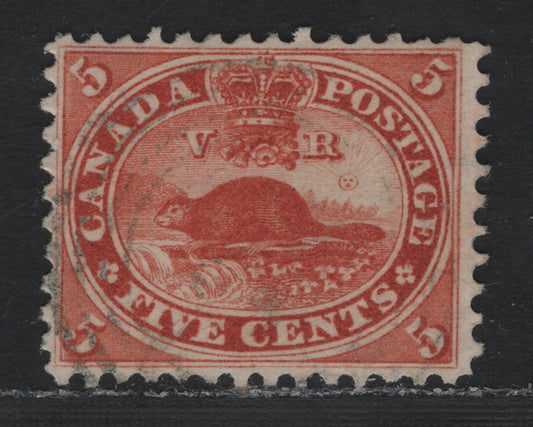 Lot 347 Canada #15c 5c Brick Red , 1859-1864 First Cents Issue, A Fine Used Single, Cents-LLL Paper, Perf 11.75x12, Very Light Face Free Cancel.