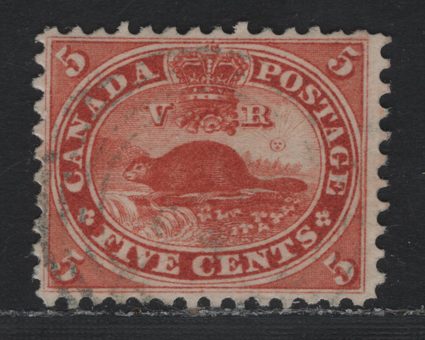 Lot 347 Canada #15c 5c Brick Red , 1859-1864 First Cents Issue, A Fine Used Single, Cents-LLL Paper, Perf 11.75x12, Very Light Face Free Cancel.