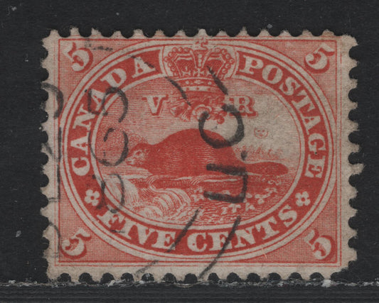 Lot 348 Canada (C) #15iv 5c Vermillion , 1859-1864 First Cents Issue, A Fine Used Single, Cents-MMM Paper, Perf 11.75, 1865 Upper Canada Cancel.