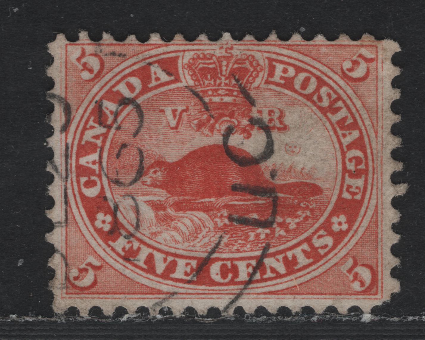 Lot 348 Canada (C) #15iv 5c Vermillion , 1859-1864 First Cents Issue, A Fine Used Single, Cents-MMM Paper, Perf 11.75, 1865 Upper Canada Cancel.