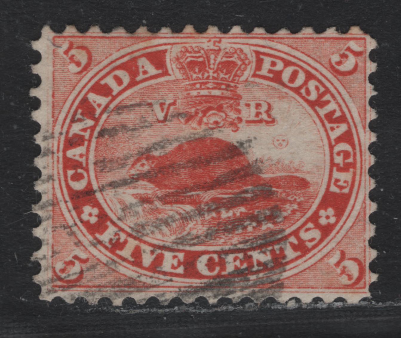 Lot 350 Canada #15 5c Vermillion , 1859-1864 First Cents Issue, A Fine Used Single, Perf 11.75x12, Cents-NNN Paper