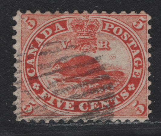 Lot 350 Canada #15 5c Vermillion , 1859-1864 First Cents Issue, A Fine Used Single, Perf 11.75x12, Cents-NNN Paper