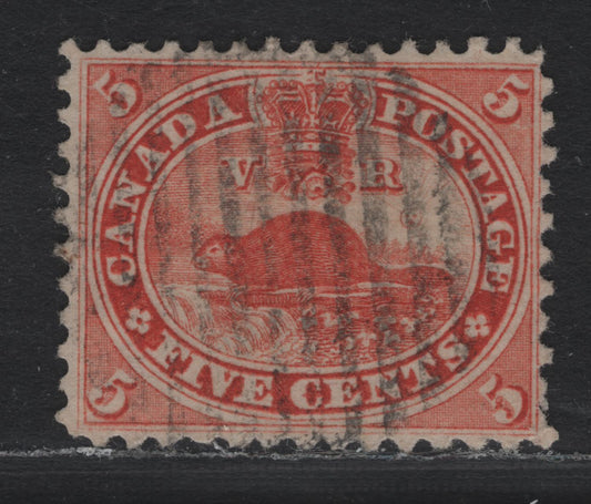 Lot 351 Canada #15iv 5c Vermillion , 1859-1864 First Cents Issue, A Fine Used Single, Cents-OOO (Thin) Paper, Perf 11.75x12