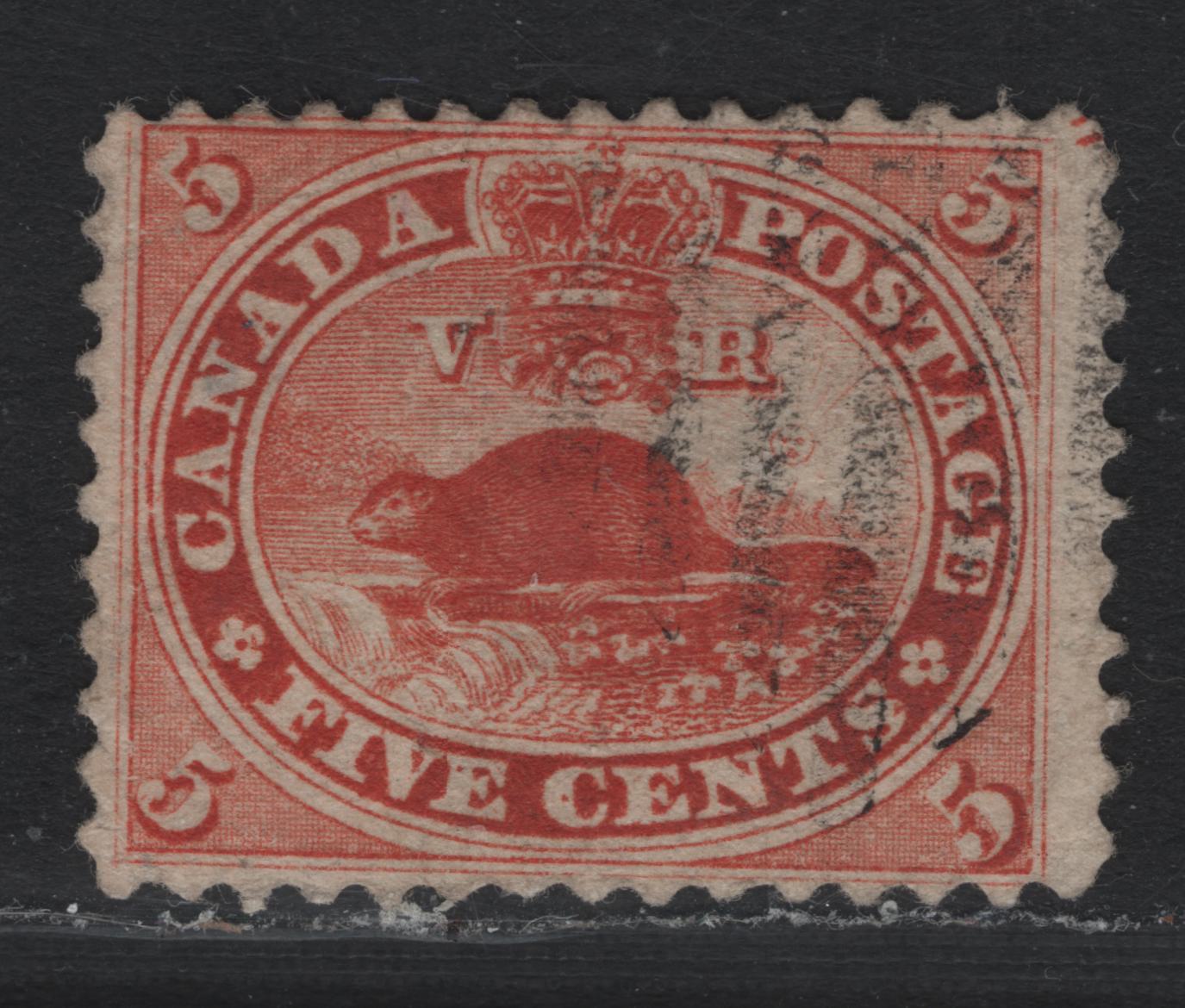 Lot 352 Canada (C) #15x 5c Vermillion , 1859-1864 First Cents Issue, A Fine Used Single, Perf 12x11.75, Cents-F Paper, Showing Tiny Trace Of Imprint At UR, Light Corner Crease At LL, Face Free Cancel.