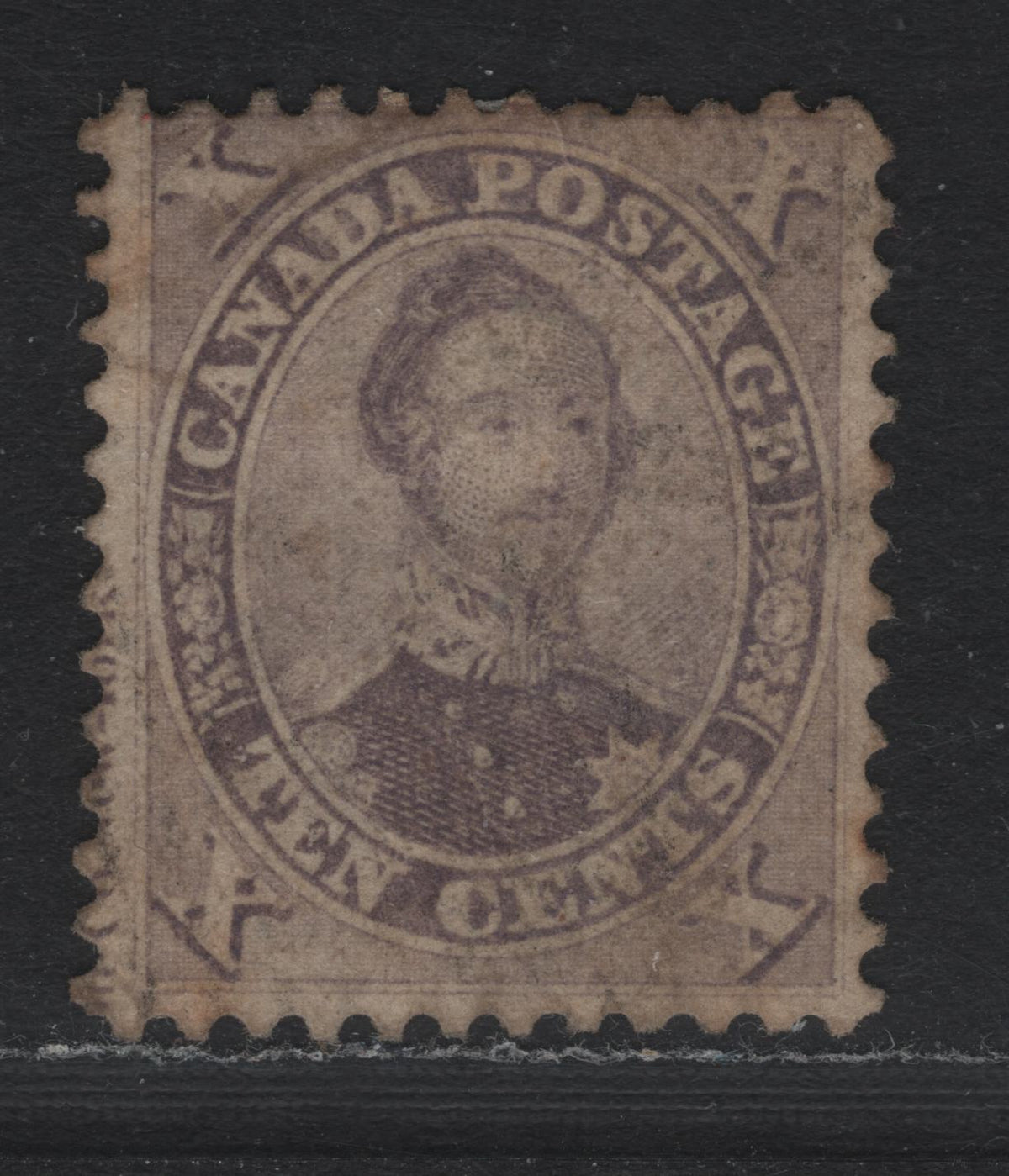 Lot 357 Canada #17vii 10c Dull Brown Violet , 1859-1864 First Cents Issue, A Very Good Used Single, Perf 12, Cents-DD Paper, Large Proportion of The Imprint Visible In Left Margin, Light Diagonal Crease At UL.