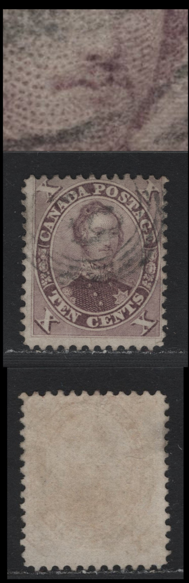 Lot 358 Canada #17b 10c Pale Dull brown , 1859-1864 First Cents Issue, A Very Good Used Single, Perf 12, Cents-DD Paper, Showing Unlisted Split Lip Variety, Faint Strike Of 51 4 Ring Numeral Cancel For Brockville.