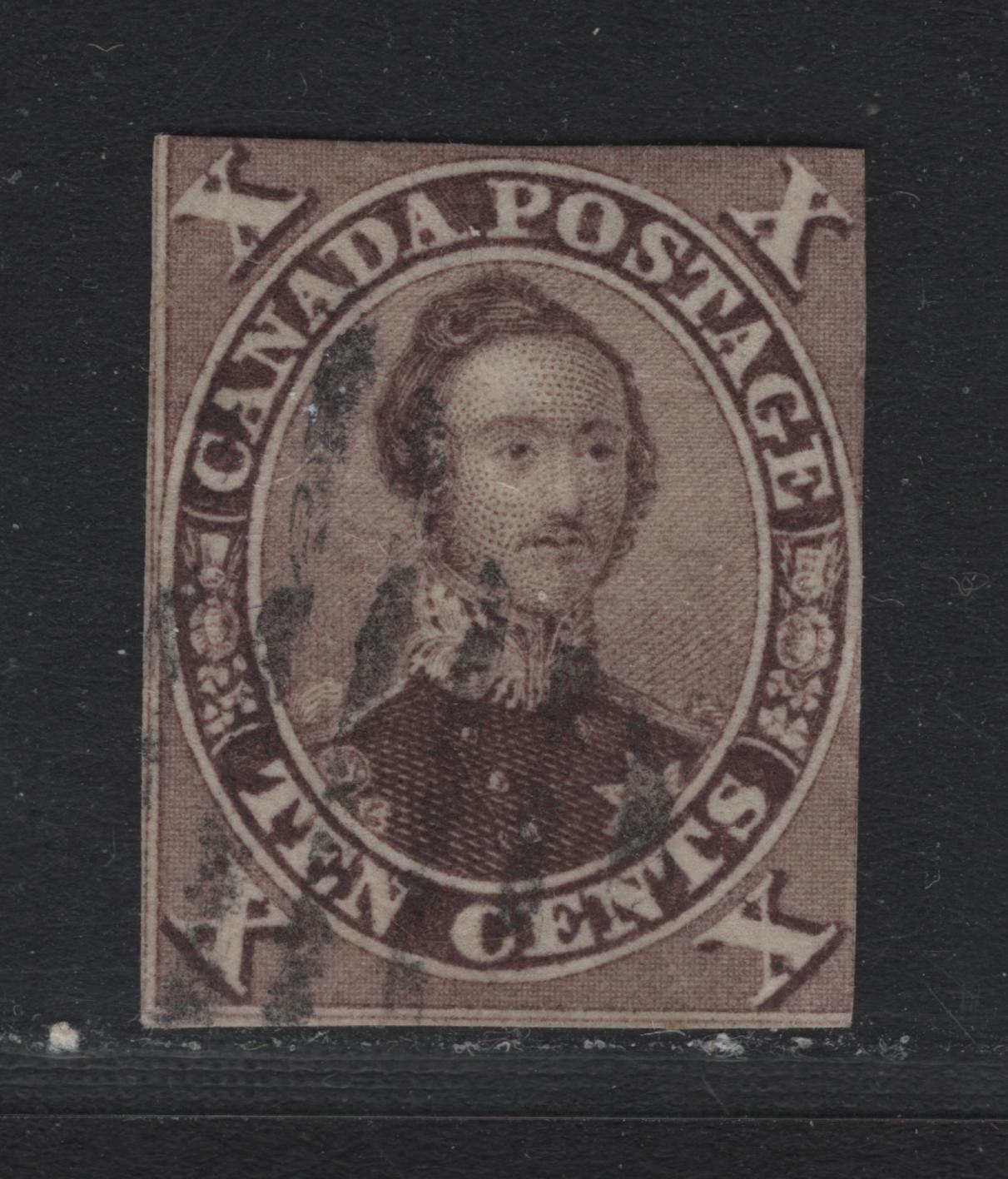 Lot 360A Canada (C) #17b 10c Brown , 1859-1864 First Cents Issue, An Ungraded Used Single, Early Reference Example of the Pure Brown Shade Containing No Red or Violet, Perfs Are Completely Cut Off, Reasonable Cancel.
