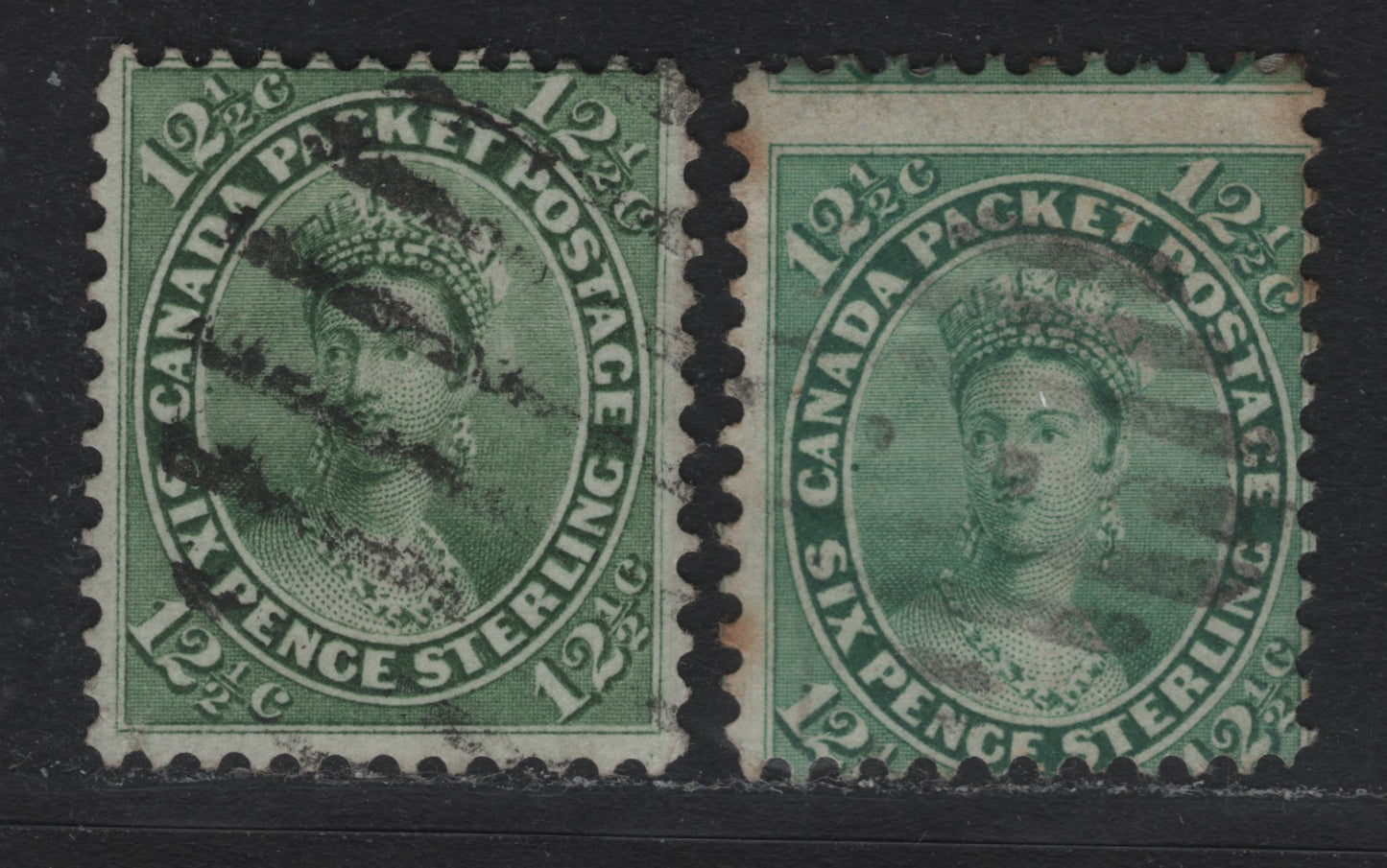 Lot 362 Canada #18ii. 18a 12.5c Green - Blue Green , 1859-1864 First Cents Issue, 2 Very Good Used Singles, Perf 12, Showing Plate Dot On The Inside Of Medallion At left, Cents-H (Green) & Cents-BB Paper.