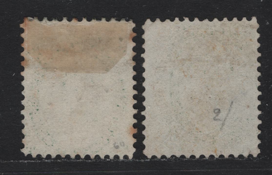Lot 362 Canada #18ii. 18a 12.5c Green - Blue Green , 1859-1864 First Cents Issue, 2 Very Good Used Singles, Perf 12, Showing Plate Dot On The Inside Of Medallion At left, Cents-H (Green) & Cents-BB Paper.