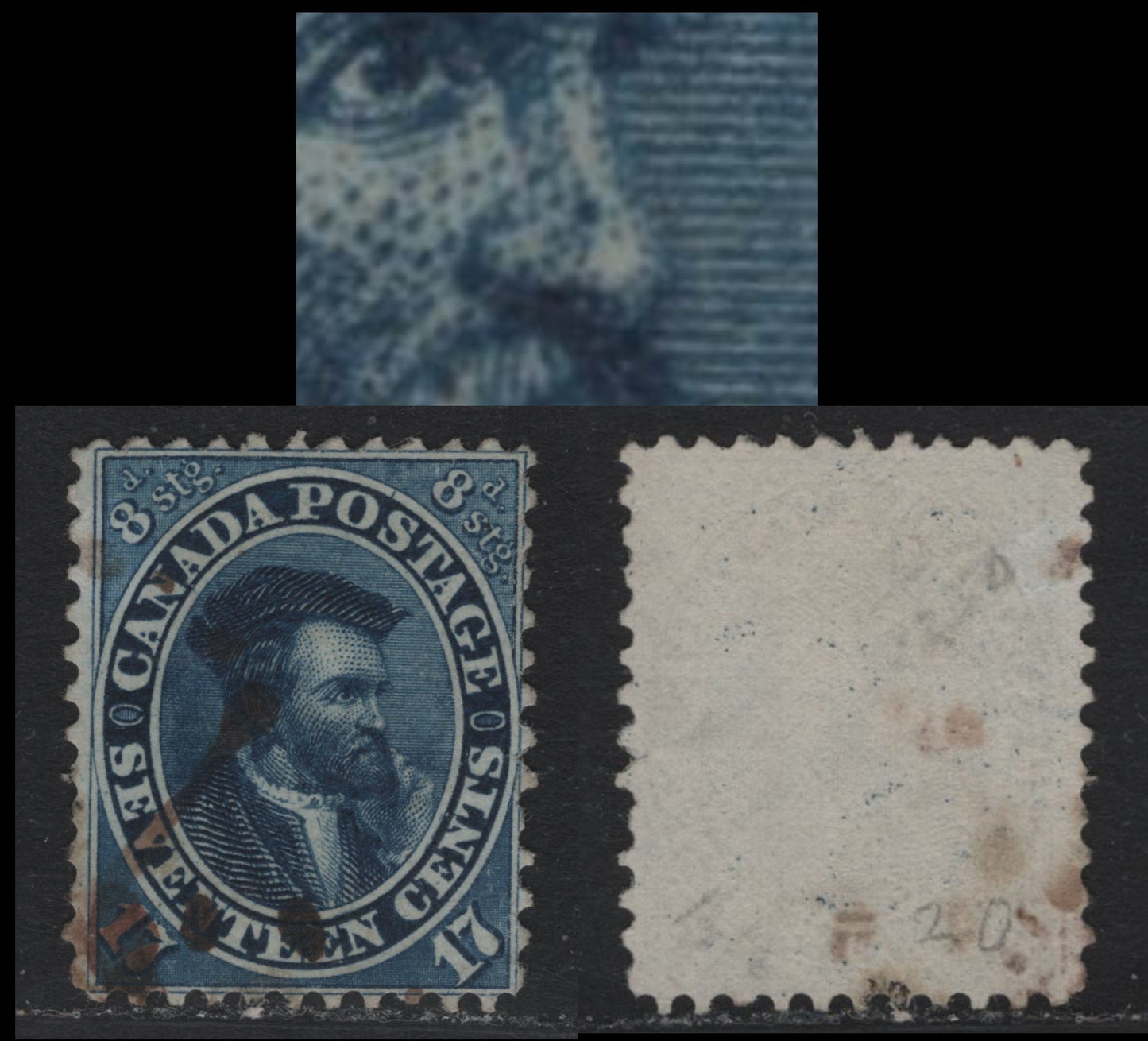 Lot 364 Canada #19var 17c Blue , 1859-1864 First Cents Issue, A Fine Used Single, Cents-C Paper, Unlisted 'Pimple On Nose' Variety, Line Into Medallion Between OS of Postage & Plate Dot Outside Left Center Medallion .