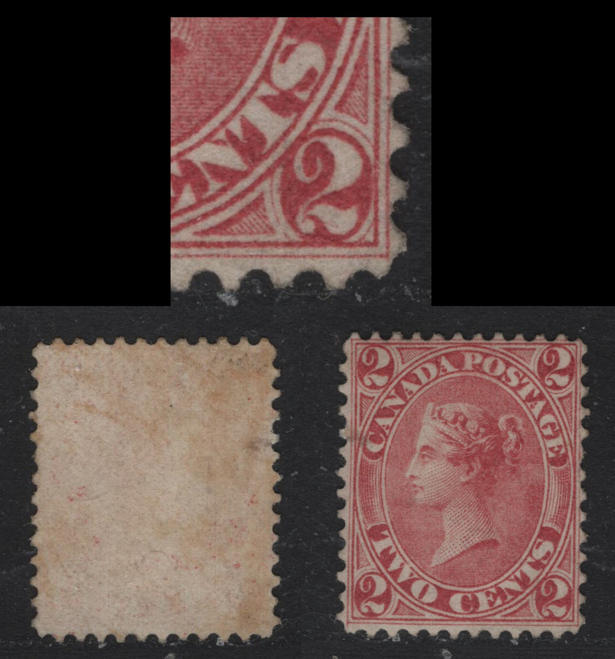 Lot 368 Canada #20v 2c Deep Claret , 1859-1864 First Cents Issue, A FOG Single, Showing Dash In Lower Right '2'. , Perf 12, Cents-C Paper, Original Gum That Has Been Redistributed Over A Very Small Thin.