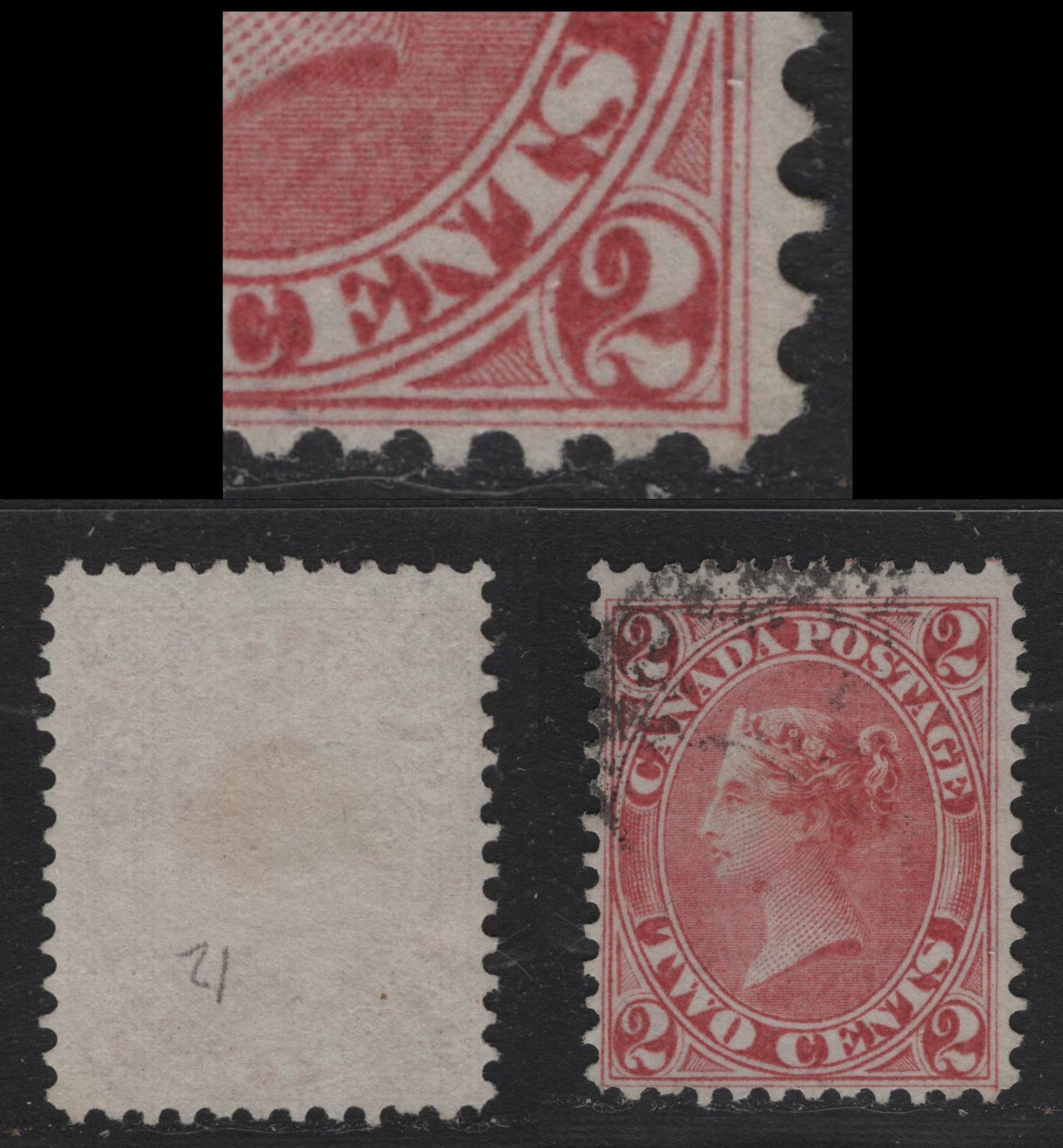 Lot 369 Canada #20v 2c Claret Rose , 1859-1864 First Cents Issue, A Fine Used Single, Perf 12, Cents-QQQ, Showing Dash IN Lower Right '2'.