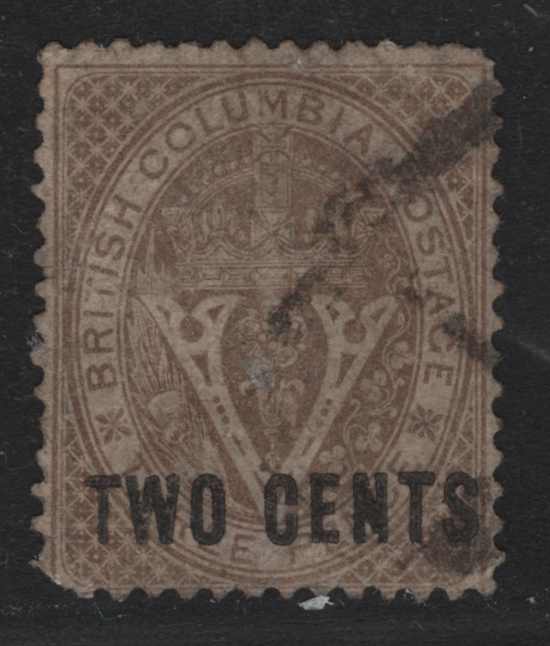 Lot 371 British Columbia (C) #8 2c on 3d Brown , 1867-1871 Surcharged Issue, A Good Used Single, Perf 14, Crown CC Wmk, Small Thin.
