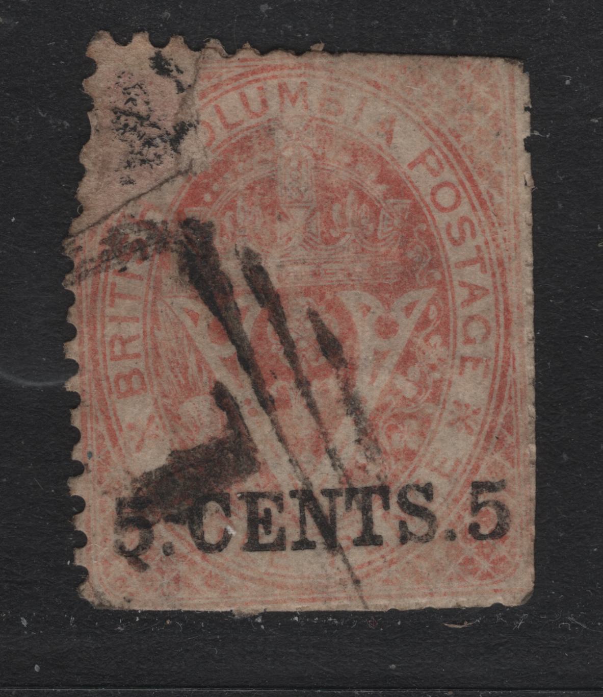 Lot 372 British Columbia (C) #9 5c on 3d Bright Red , 1867-1871 Surcharged Issue, An Ungraded Used Single, Badly Damaged, New Westminister #1 Cancel, Ul Corner Has Come Off Completely,Has Been Repaired Using What Appears To be a Piece Of Selvedge.