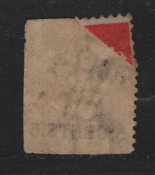 Lot 372 British Columbia (C) #9 5c on 3d Bright Red , 1867-1871 Surcharged Issue, An Ungraded Used Single, Badly Damaged, New Westminister #1 Cancel, Ul Corner Has Come Off Completely,Has Been Repaired Using What Appears To be a Piece Of Selvedge.