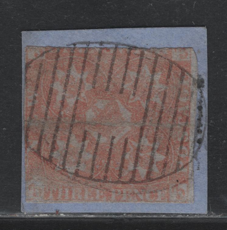Lot 374 New Brunswick (C) #1 3d Pale Red , 1851 Pence Issue, An Ungraded Used Single, Severely Faulty Example That Appears To be Two Uncancelled Halves That Were Affixed To A Letter & Cancelled