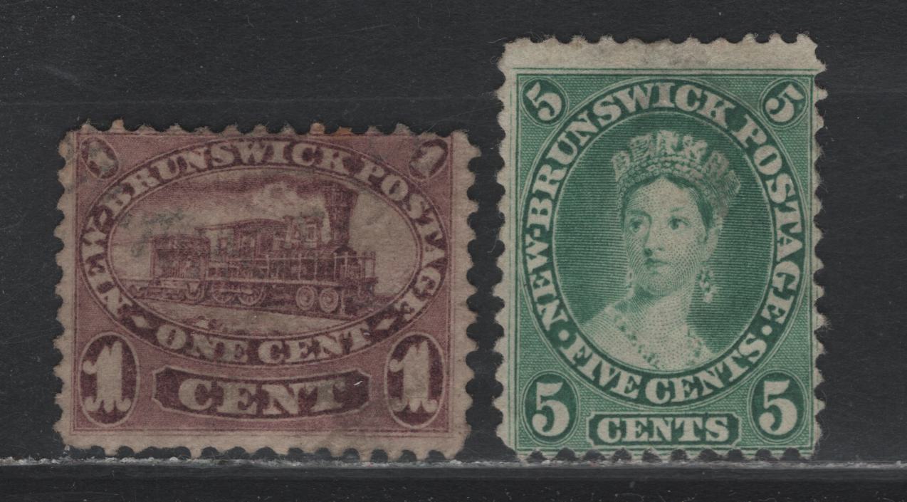 Lot 377 New Brunswick (C) #6, 8a 1c - 5c Red Lilac - Blue Green , 1860 Cents Issue, 2 Good/Very Good Used Singles, Perf 11.75x12.1 & 12x11.75, Cents-E & Cents-A Papers, Fine Appearing & Unused (5c) Examples With Shallow Back Thins & Horizontal Crease.