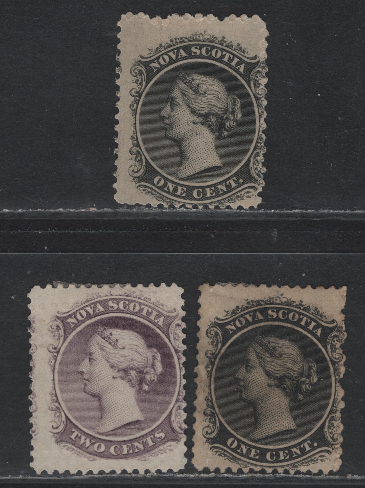 Lot 380 Nova Scotia (C) #8a, 9 1c - 2c Black - Lilac , 1860-1863 Queen Victoria Issue, 3 VG/FOG Singles, Cents-G & Cents-H Paper, Perf 11.75 & 11.75x12, Intense Black Shade Has A Small Tear At LL Corner.