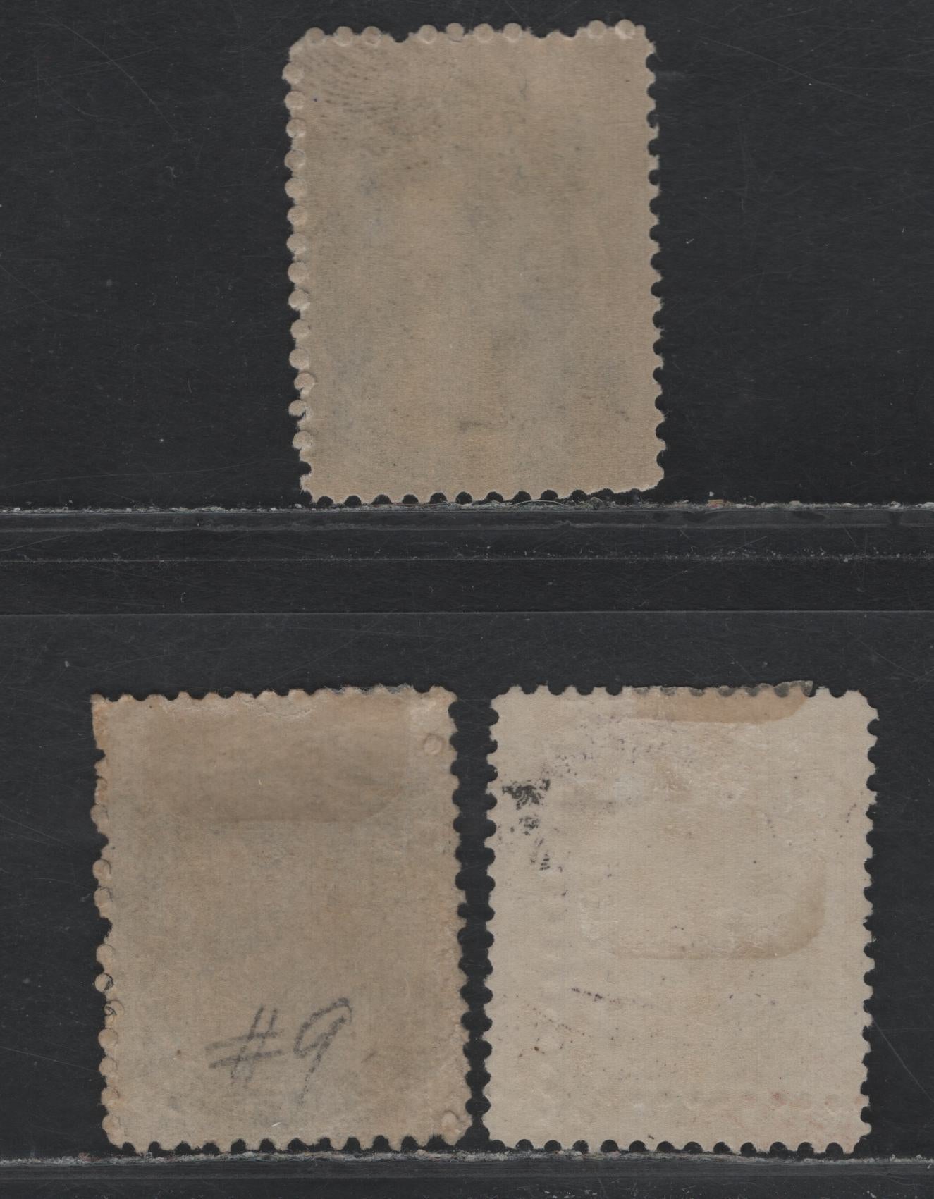 Lot 380 Nova Scotia (C) #8a, 9 1c - 2c Black - Lilac , 1860-1863 Queen Victoria Issue, 3 VG/FOG Singles, Cents-G & Cents-H Paper, Perf 11.75 & 11.75x12, Intense Black Shade Has A Small Tear At LL Corner.