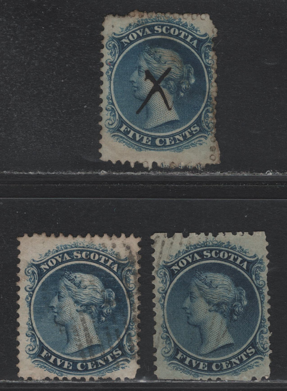 Lot 381 Nova Scotia (C) #10, 10c 5c Dark Blue - Blue , 1860-1863 Queen Victoria Issue, 3 Very Good/Fine Used Singles, Cents-D, Cents-N & Cents-W Paper, Perfs 11.75 & 12x11.75