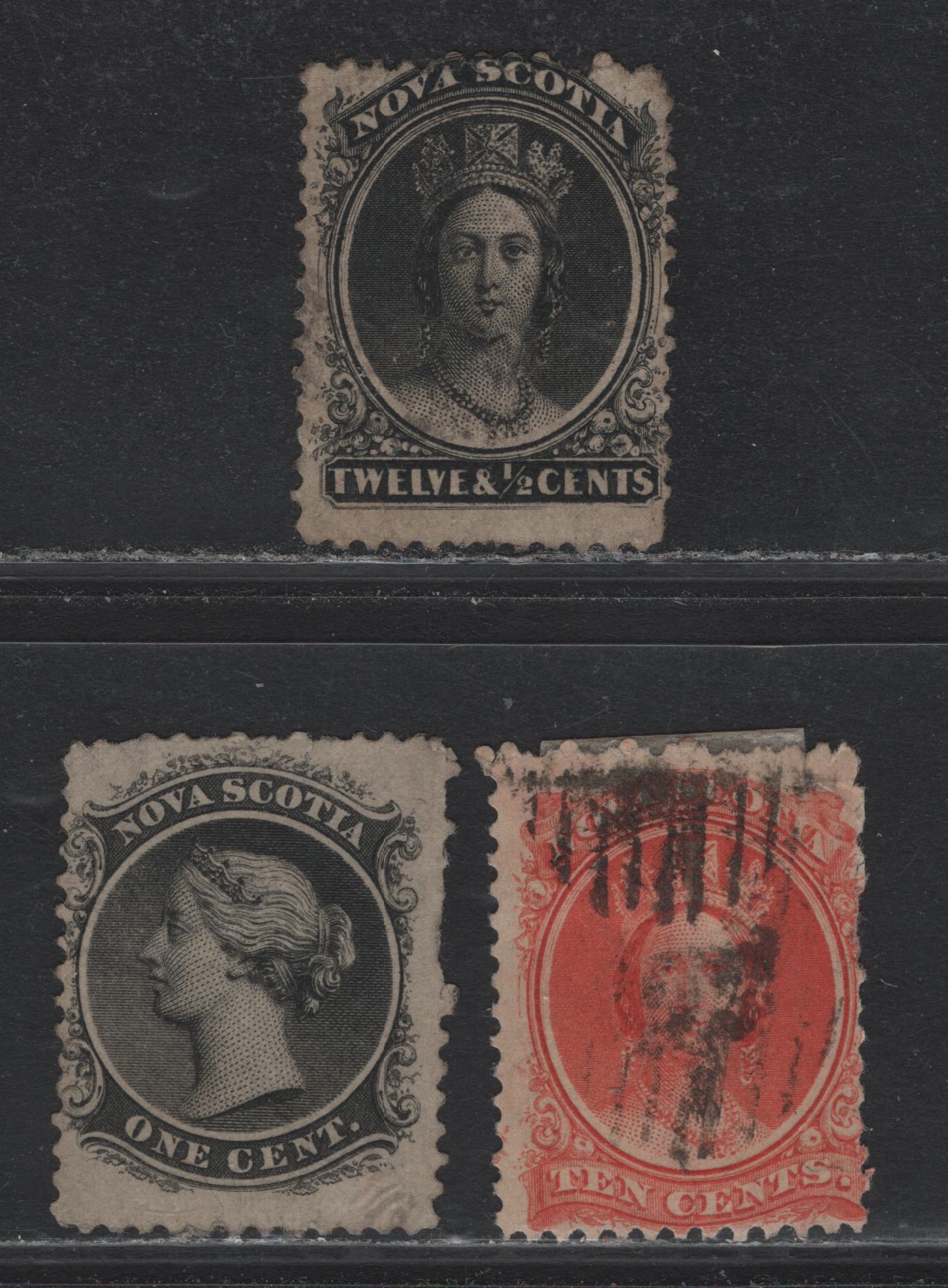 Lot 382 Nova Scotia (C) #8, 12a, 13 1c - 12.5c Black - Black , 1860-1863 Queen Victoria Issue, 3 Ungraded Used Singles, Cents-G, Perf 11.75, Three Spacefiller Examples With Moderate to Severe Faults.
