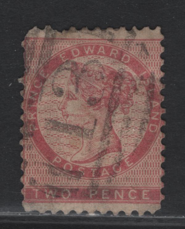 Lot 383 Prince Edward Island (C) #5a 2d Rose , 1862-1865 Queen Victoria Pence Issue, An Ungraded Used Single, Yellowish Paper, Perf 11.75, Presentable, But Severely Damaged Example, Rate #13 Numeral Cancel.