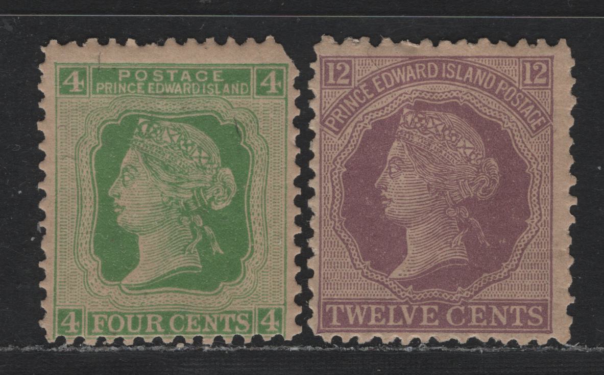 Lot 385 Prince Edward Island #14, 16 4c -12c Green - Violet , 1872 Queen Victoria Cents Issue, 2 VG/FOG Singles, Perfs 12.1x12.2 &12.2x12