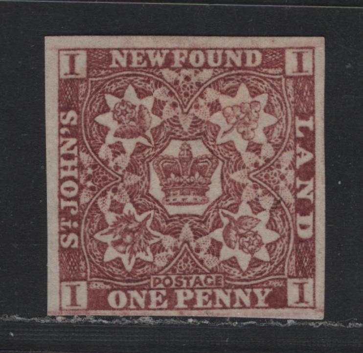 Lot 386 Newfoundland (C) #1 1d Brown Violet , 1857 Floral Issue, A VFPOG Single, Dry Printing, 22x22.5mm, Thick Porous Wove Paper, 3 Full Margins With Bottom Being Clear But Close At Lower Left. There Is Large Part Original Gum.