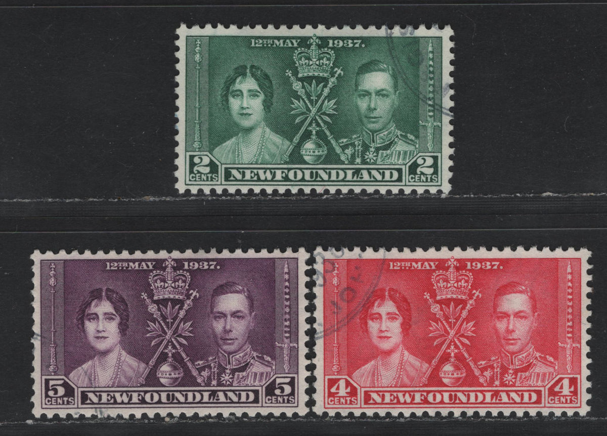 Lot 390 Newfoundland #230-232 2c - 5c Myrtle Green - Plum , 1937 Coronation 'Omnibus' Issue, 3 VFOG Singles