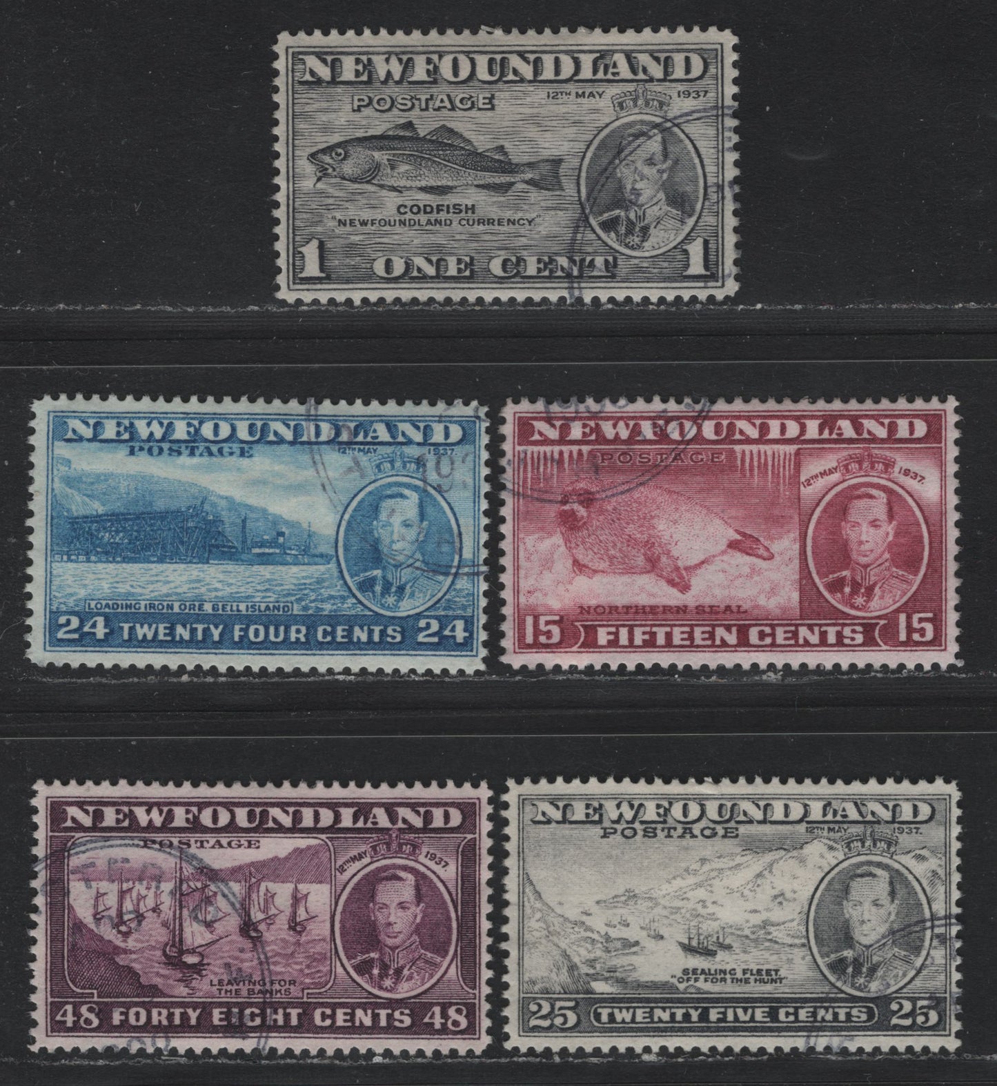 Lot 392 Newfoundland #233, 239, 241-243 1c- 48c Gray Black - Slate Purple , 1937 Long Coronation Issue, 5 Very Fine Used Singles, Line Perf 13.8