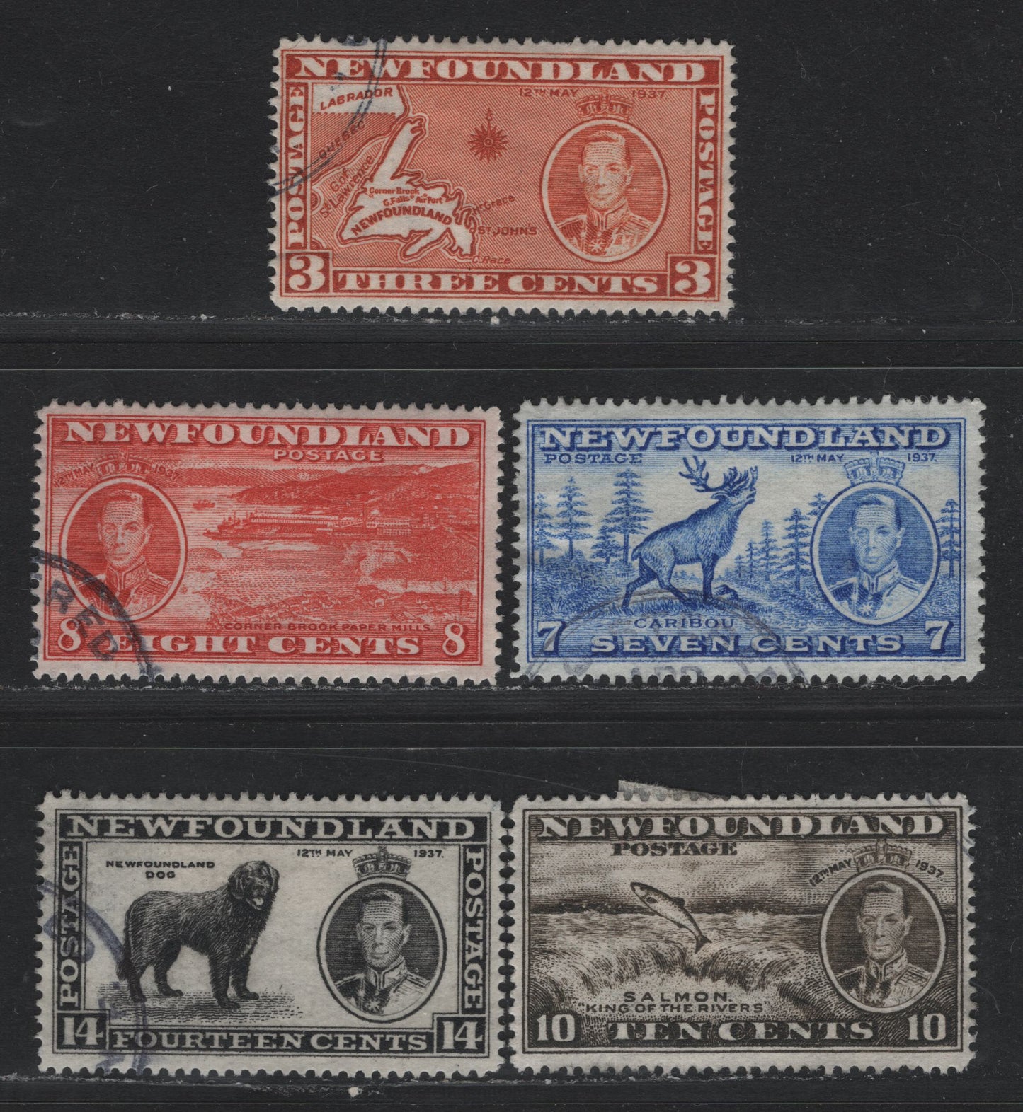 Lot 393 Newfoundland #234-238 3c- 14c Orange Brown - Black , 1937 Long Coronation Issue, 5 Fine/Very Fine used Singles, Line Perf 14.25