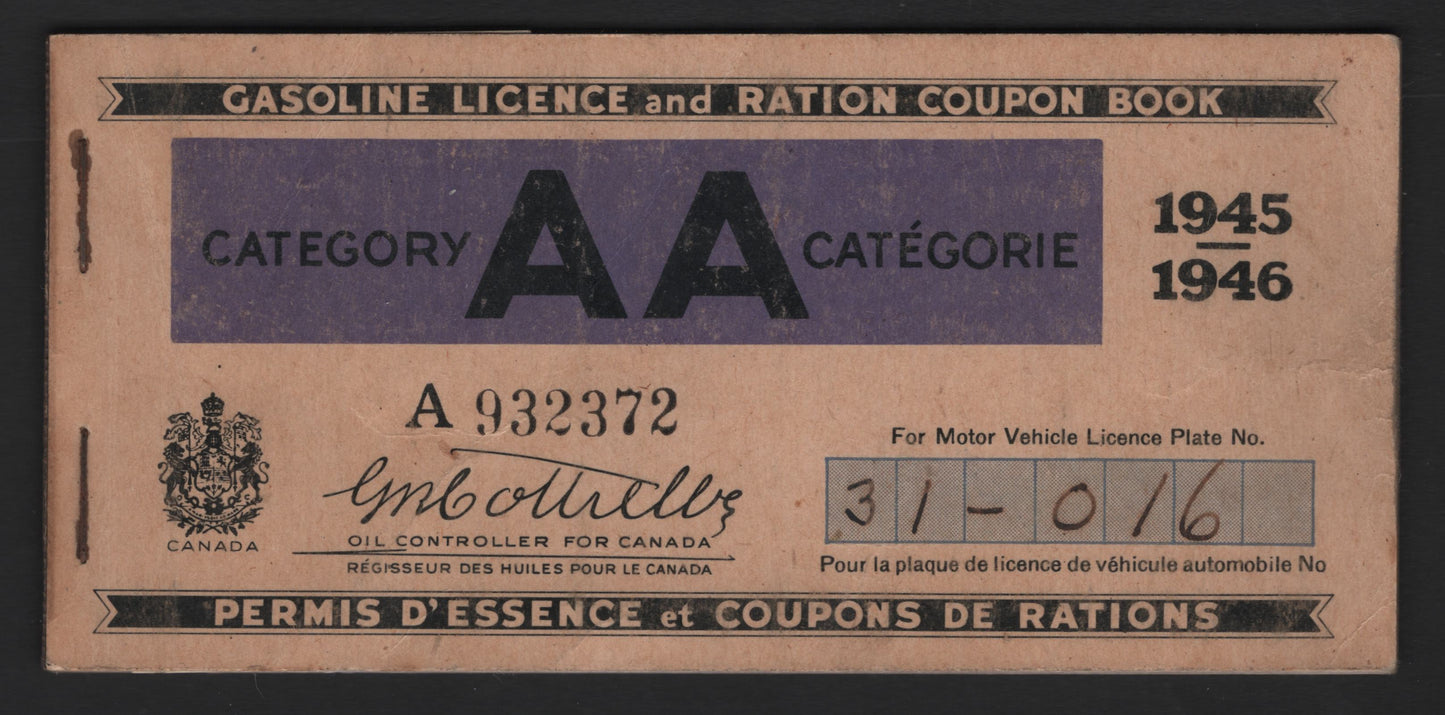 Lot 401 Canada (C)  1945-1946 Federal Gasoline Licence & Ration Coupon Book, A VFOG Book, Containing 21 Of The Original Clean Good Condition Coupons, With Covers Being Clean & Uncreased