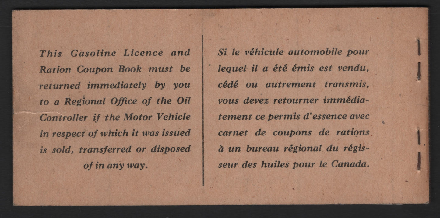 Lot 401 Canada (C)  1945-1946 Federal Gasoline Licence & Ration Coupon Book, A VFOG Book, Containing 21 Of The Original Clean Good Condition Coupons, With Covers Being Clean & Uncreased